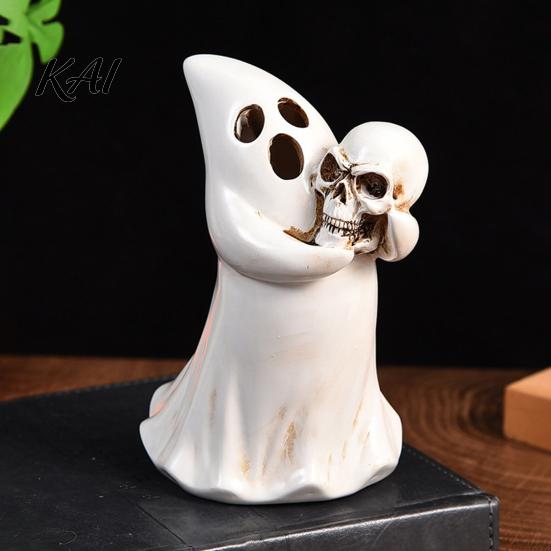 Dark Atmosphere Home Accents Halloween Ghost Figurine with Skull, Resin Statue for Tabletop Decor, Gothic Retro Ornament Desktop Window And