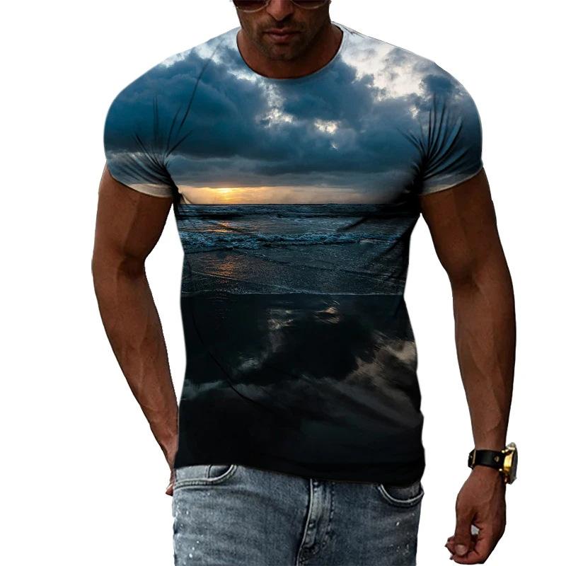 Herren T-Shirt mit Naturlandschaftsmuster Sommer Freizeit Sportbekleidung 3D-Druck Kurzarm T-Shirt
