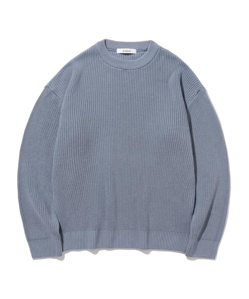 KNITTED Soft Cotton Drop Shoulder Waffle Knit Stone Blue