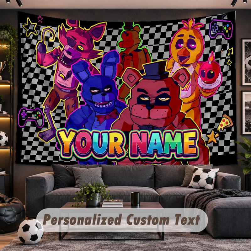 Wandtapijt met aangepaste naam, patroon van Five Nights at Freddy's, gepersonaliseerd bedrukt stof, wanddecoratie