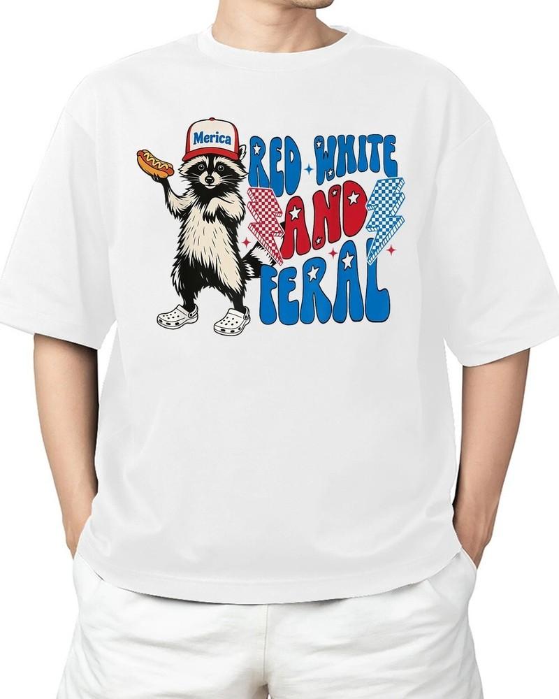 Lustiges Rot Weiß und Wildes Waschbär Lustiges USA 4. Juli Erwachsenen S-4XL Unisex T-Shirt