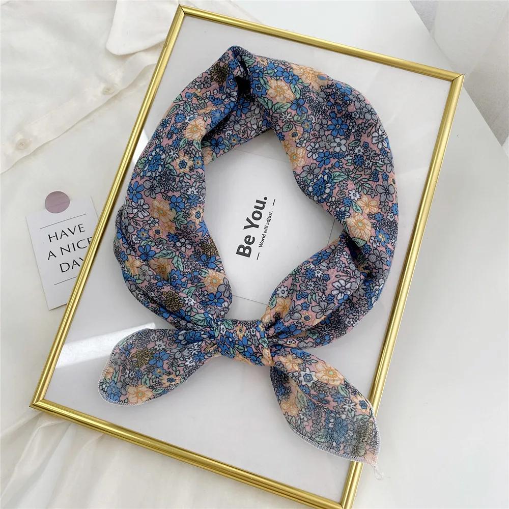 Floral Print Neckerchief Small Hijab Scarfs Women Fashion Handkerchief Neck Scarf Shawls Cotton Blends Korean Hair Scarves 58CM