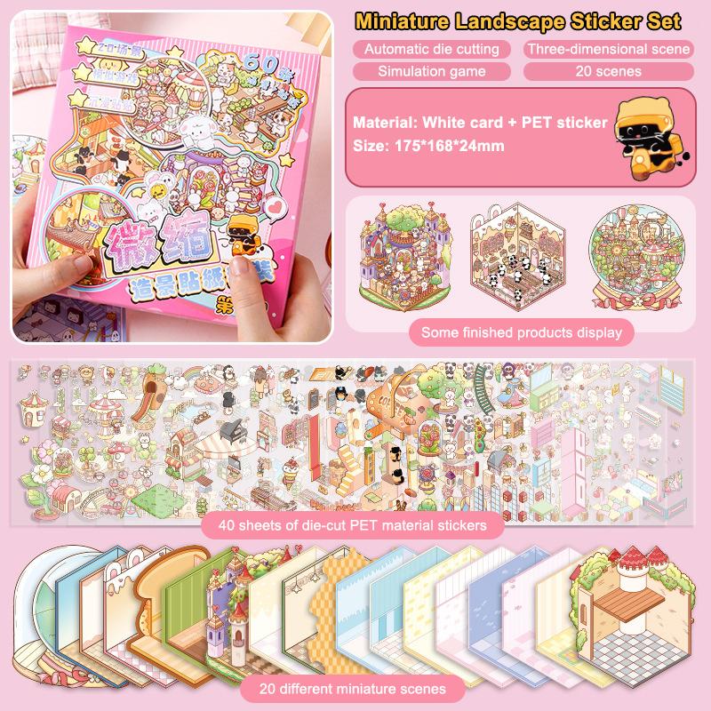 New 1Set Plus Size Cartoon Scenes Book Landscape Sticker DIY Toy Game Books 3D Sticker Cabin Scene Pocket Festival Birthday Gift