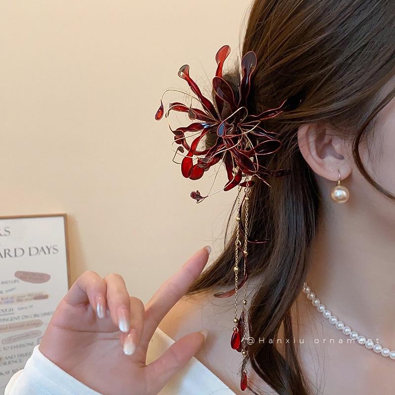 Vlasová spona s třásněmi 'Spider Lily Dripping Oil': Elegantní vlasová vidlička ve starověkém stylu Hanfu pro ženy