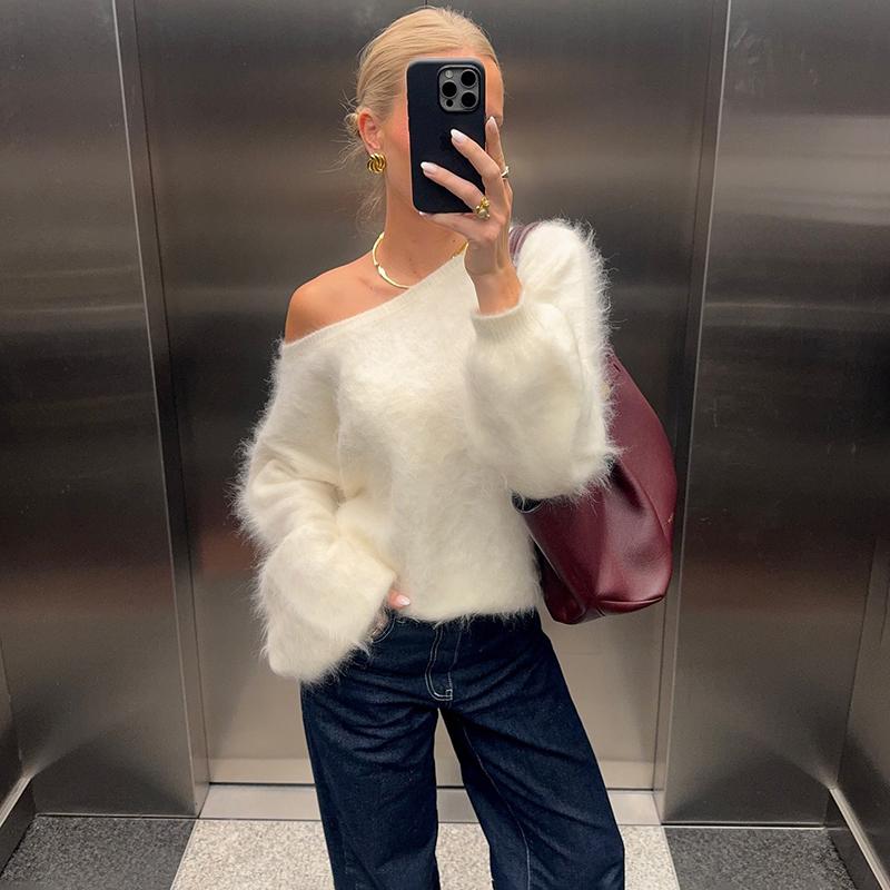Casual Knitted Sweater Women Pullover 2026 Spring Loose Off-shoulder Long Sleeve Sweater Streetwear Lady Warm Street Knitwear Tops