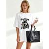 Übergroßes T-Shirt Schwarz Wilde Katze trinkt Wein und Fruchtsaft Grafikdruck Lässige Streetwear für Damen