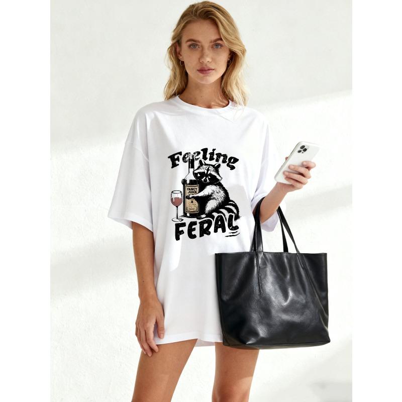 Übergroßes T-Shirt Schwarz Wilde Katze trinkt Wein und Fruchtsaft Grafikdruck Lässige Streetwear für Damen