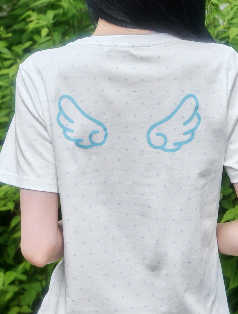 Lupeu Dot Angel Diagonal Button Short Sleeve T-Shirt Ivory + Blue Dots