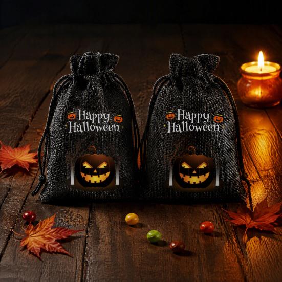 Halloween Party Supplies 2Pcs Pumpkin Drawstring Bags for Candy Treats, Retro Burlap Handmade Style Trick or Treat Bags, Portable Goodie Kids