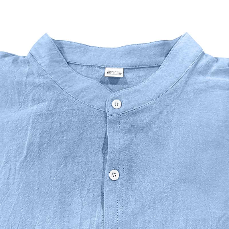 Summer Casual Shirts Men's Solid Color Long Sleeved Linen Shirts Stand Collar Breathable Shirts with Pockets