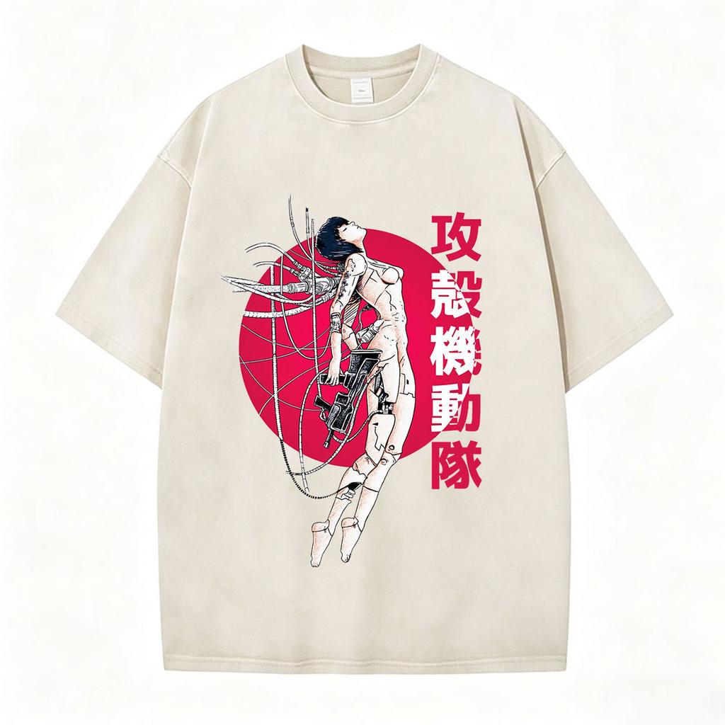 Anime Ghost in The Shell Motoko Kusanagi Tryck Vintage Tvättade T-shirts Herr Dam Mode Casual Kortärmad Överdimensionerade T-shirts