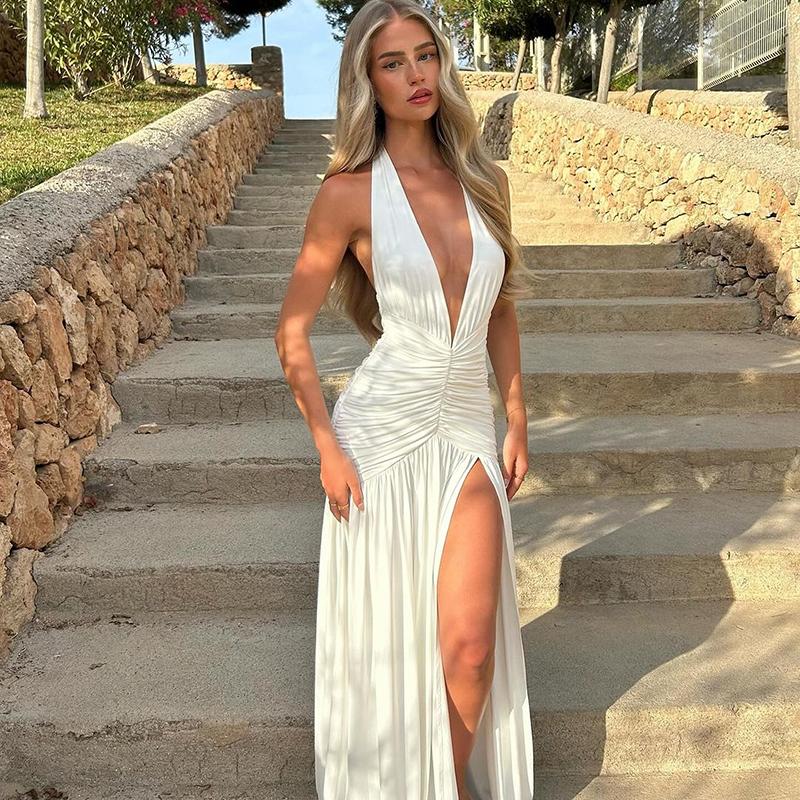 European and American Style Women's Solid Color Dress Sexy Sleeveless Deep V-neck Slit Temperament Casual Waist Skirt