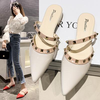 Baotou Pointed Cold Slippers Women's Spring and Summer New Outer Wear Thick Heel Slippers Rivet Temperament Versatile Women's Shoes Tide