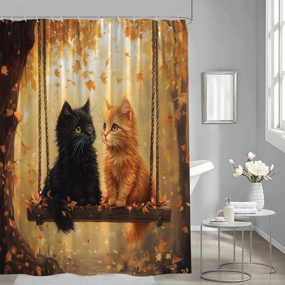Fall Cat Shower Curtain Cute Kitten Yellow Orange Maple Leaves Falling Leaf Autumn Funny Animal Rustic Farmhouse Thanksgiving