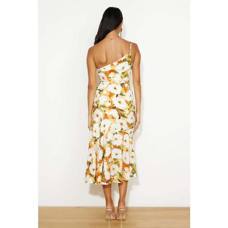 VEZFAA Women's Fashion Summer Spring Flower Pattern Print Sleeveless Oblique Collar High Waist Casual Dresses