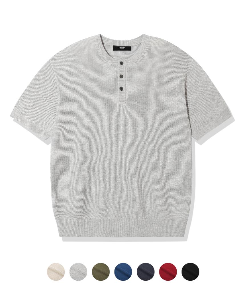 TRILLION Washable Linen Crop Henley Neck Short Sleeve Knit_7Color (C Type)