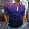 Casual Lapel T-shirt Young Men's Fashion Zipper T-shirt Short Sleeve T-shirt Men's 3D Purple Starlight Print T Shirt