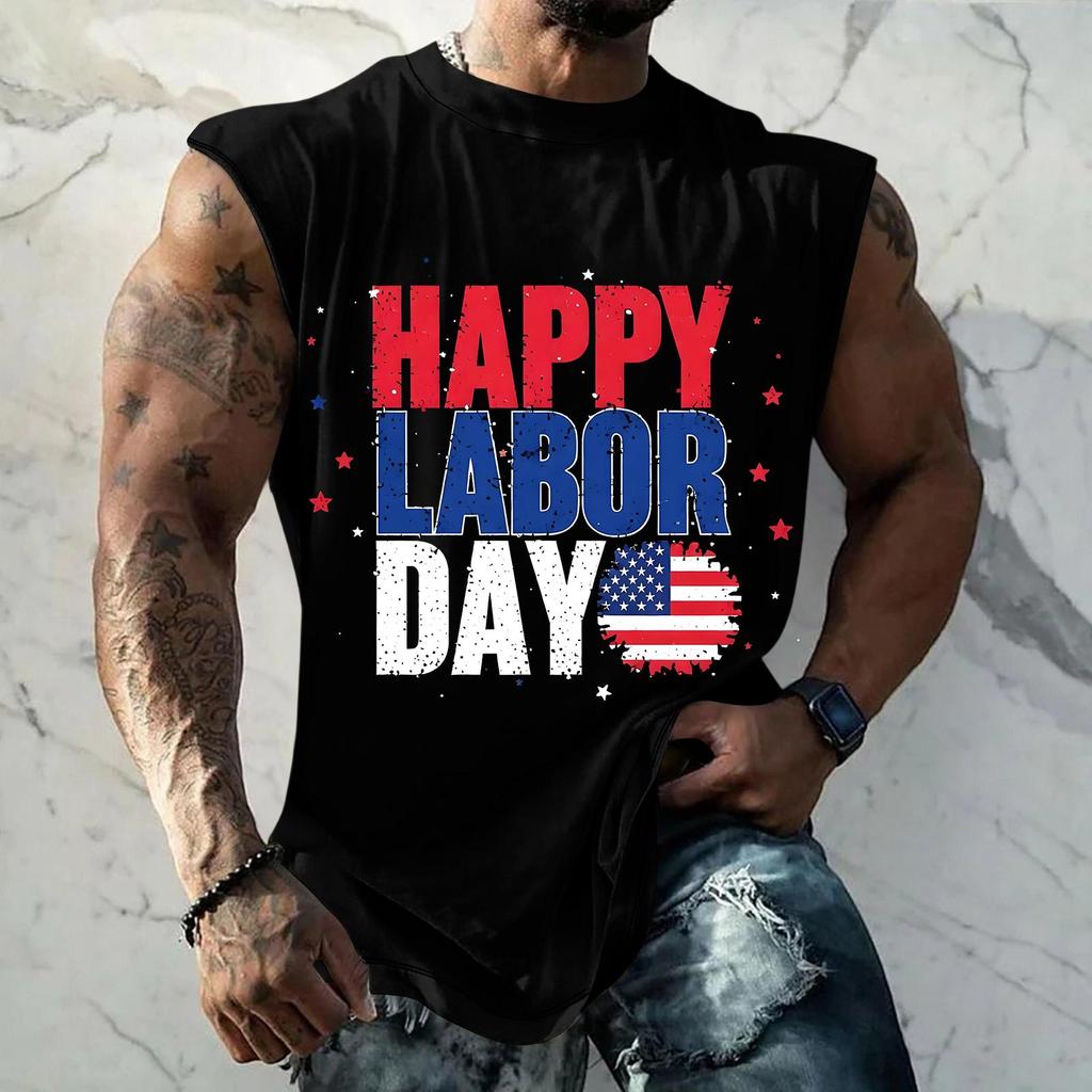 Ärmelloses Muskel-Tanktop für Herren, lässiger lockerer Schnitt, athletisches Trainingshemd mit Labor Day Grafikdruck für Sommerliche Outdoor-Aktivitäten