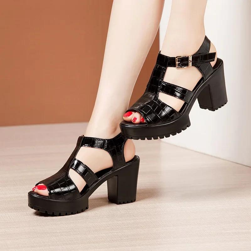 Beach Platform Sandals Patent Leather Shoes 2026 Summer Elegant Block High Heels Sandals Women for Office Mom