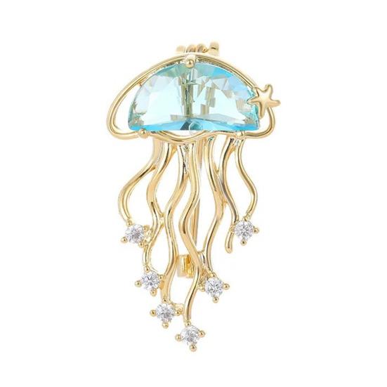 Women Brooch Blue Faux Crystal Jellyfish Shape Lapel Pin Suits Coats Bags Scarves Badge Versatile Accessory