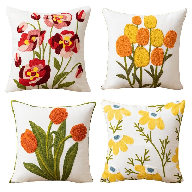45x45cm Flower Embroidered Pillow Cover Rural Style Home Sofa Pillowslip Bedhead Cushion Office Chair Lumbar Mat Easy To Clean Pillowcase Without Core