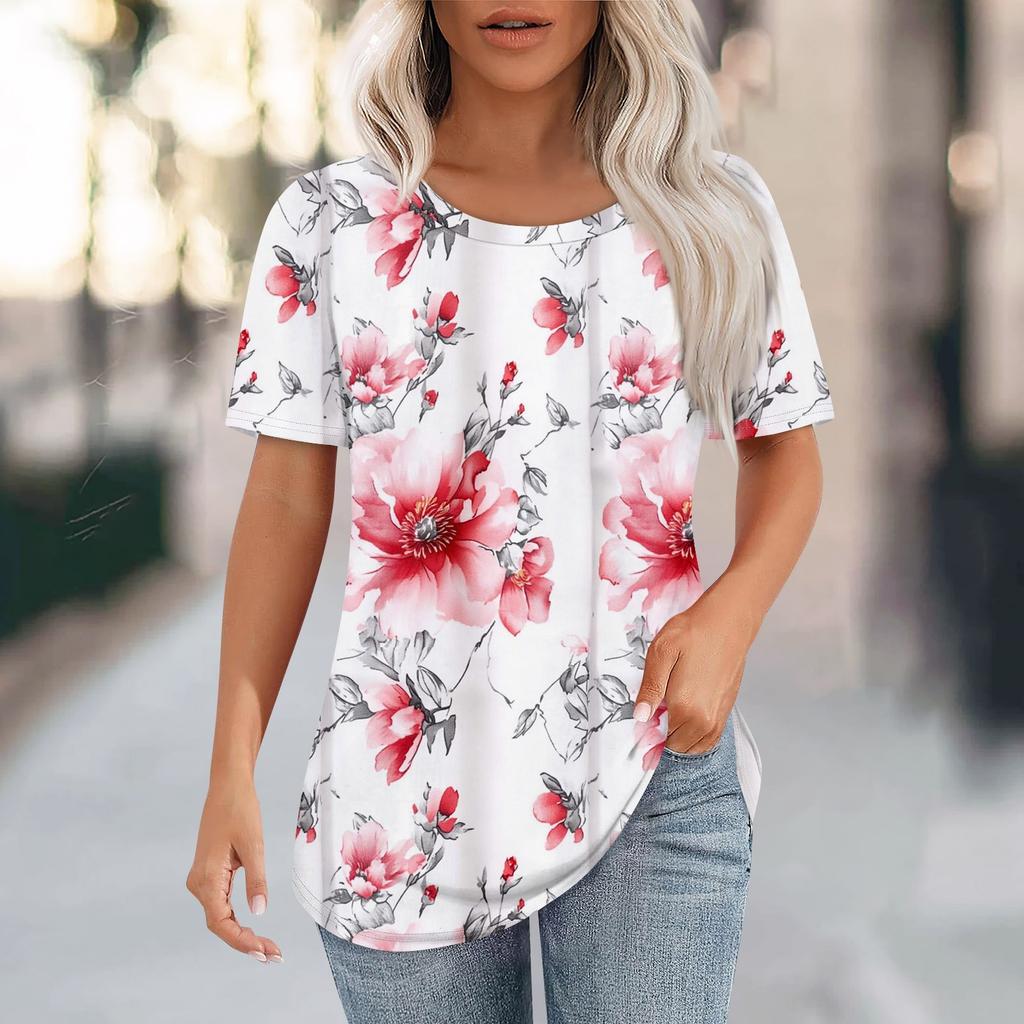 Women's Fashion Casual Floral Print Round Neck Short Sleeve T-Shirt Top