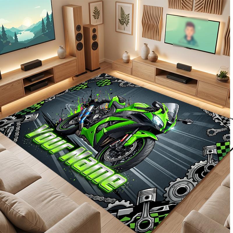Motorcycle Biker Theme Soft Crystal Velvet Rug Custom Name & Text Print Non Slip Floor Rug for Bedroom Living Room