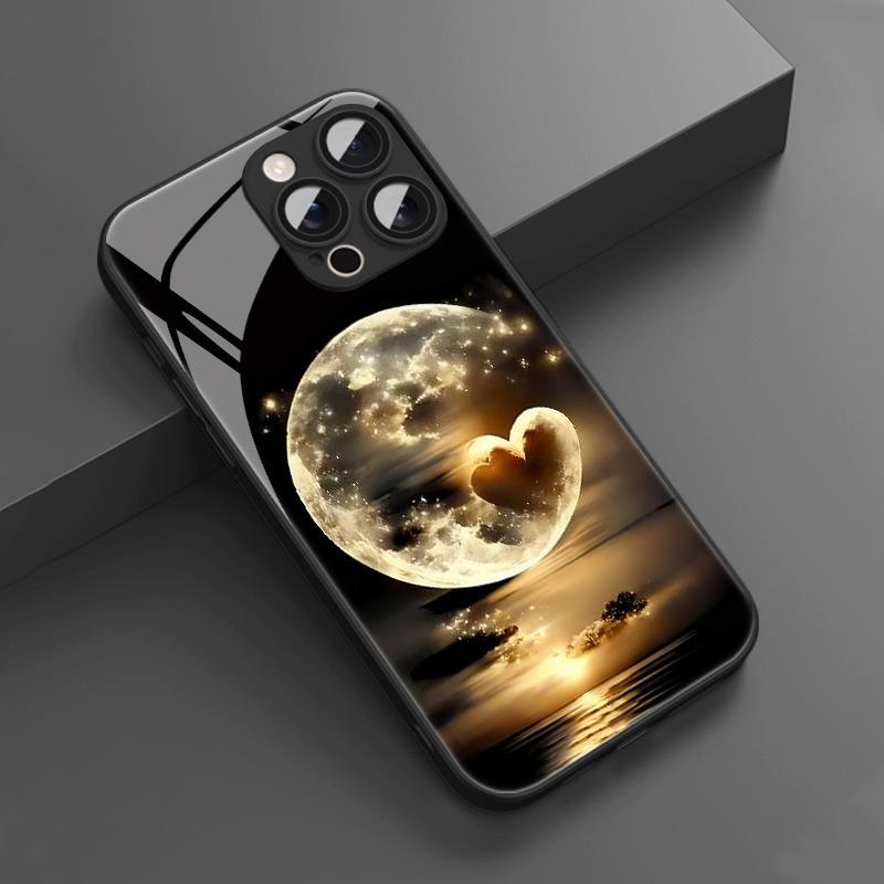 Künstlerisches Liebesmond-Muster Gehärtetes Glas Handyhülle Für iPhone 17 16 15 14 13 12 11 Pro Max 17 Air 7 8 Plus XS X XR Hülle