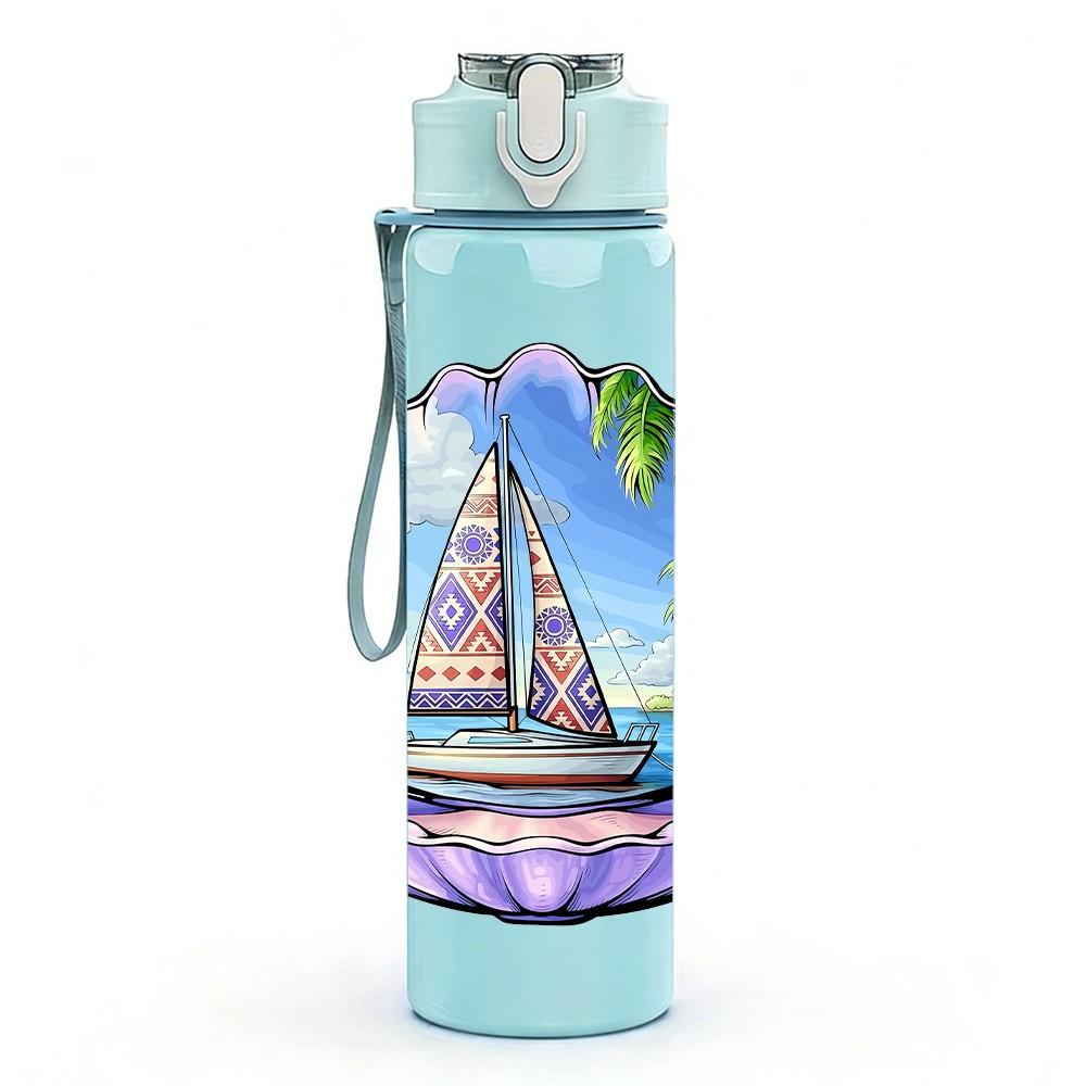 1PC Sailboat Inside Seashell Art Print 750ml Color Plastic Sports Water Bottle Leakproof Flip Straw Lid Suitable for Sports Office Home Use