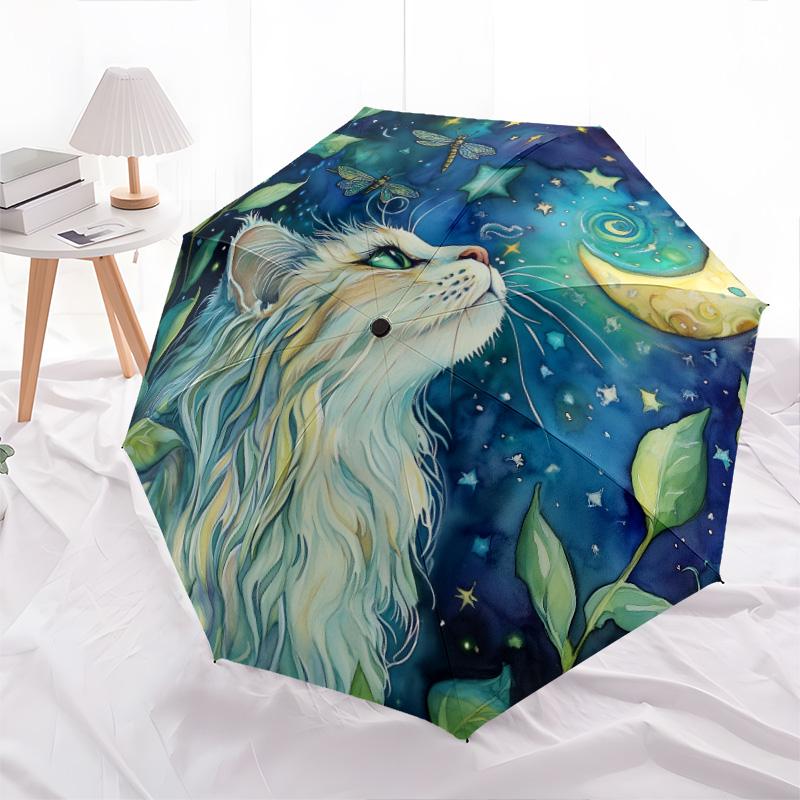 Plant Cat Pattern, Automatic Folding Umbrella, Portable and Foldable Design, 8 Ribs, a Christmas or Birthday Gift.