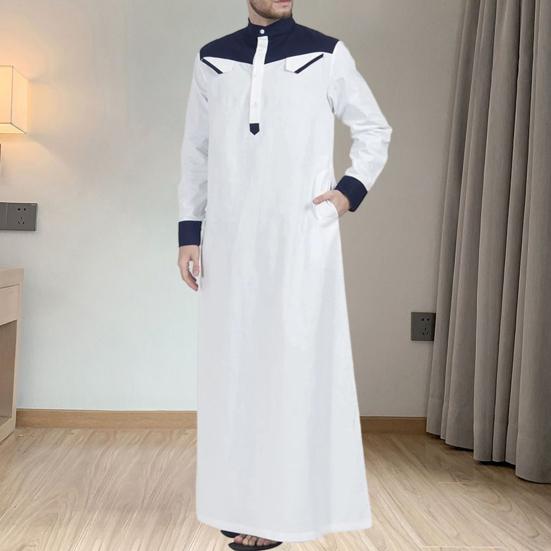 Men Mandarin Collar Long Sleeve Robe Contrast Color Buttons Half Placket Pockets Loose Fit Traditional Robe