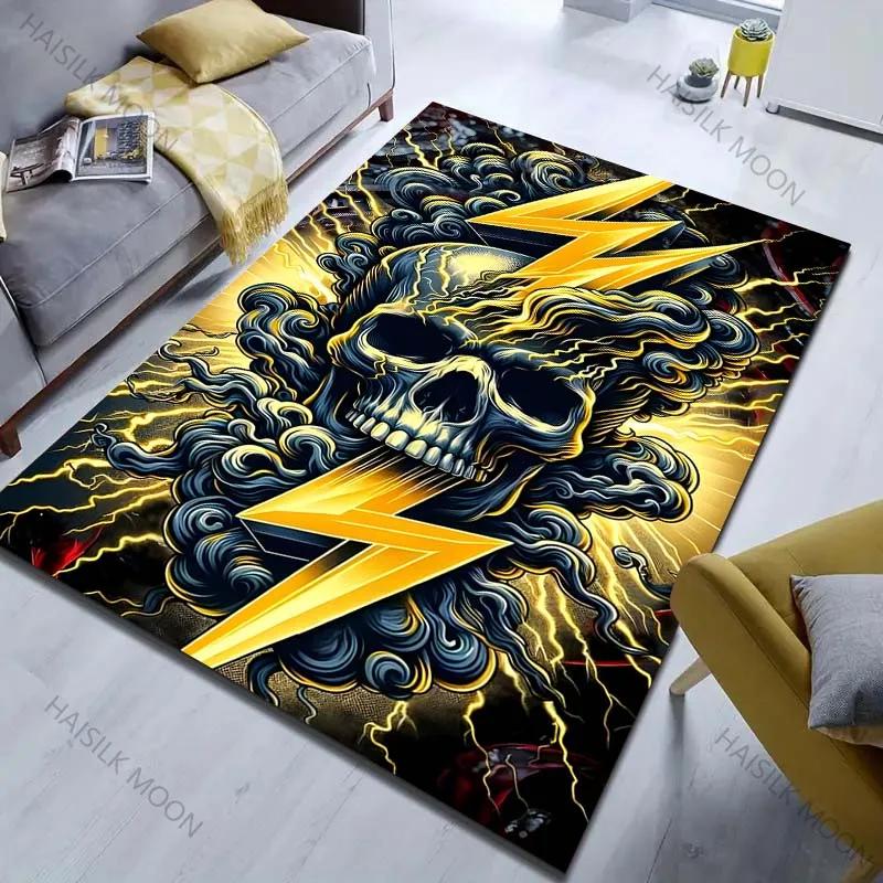3D Printing Golden Lightning and Skull Pattern Carpet for Bedroom Living Room Bedside Sofa Floor Mat Modern Home Decor Paly Rug