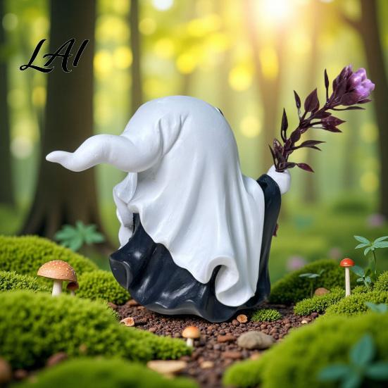 Durable Weather Resistant Decor Halloween Ghost Decoration Holding Pumpkin Resin Figurine with Witch Unique Collectibles Hat Spooky Cute Tabletop