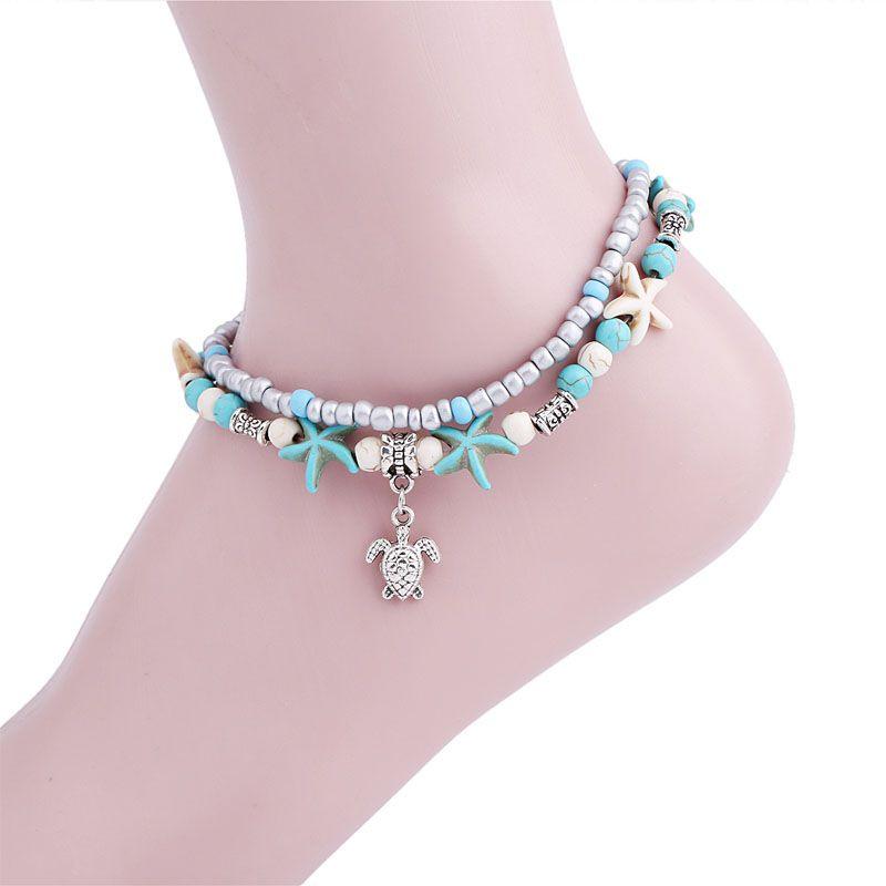 Vintage Blue Starfish Shell Anklet Beach Turtle Anklet Vacation Rice Bead Anklet