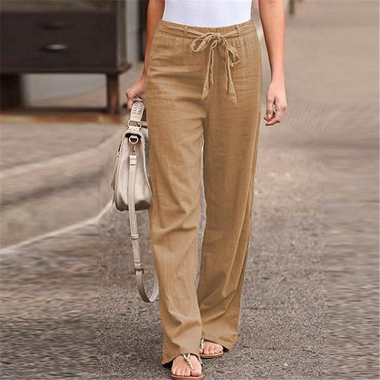 Women Polyester Cotton Pants Autumn Casual Solid Elastic Waist Straight Trousers Loose Long Pants Wide Leg Trousers