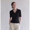 French Black Lapel POLO Shirt Knitted T-shirt Women's Summer Slim Ice Silk Short-sleeved T-shirt Top Thin