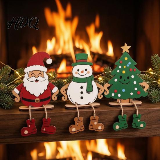 Tiered Tray Christmas Decor 3Pcs 2D Wooden Hanging Ornaments Cartoon Santa Snowman Tree Figurines Indoor Seasonal Table with Leg Design Holiday