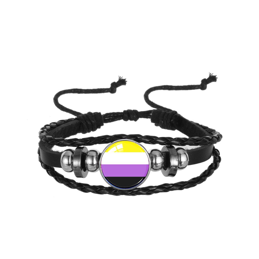 1Pc Seven Color Stripe Leather Bracelet, Vintage Multi Layer Braided Adjustable Wristband