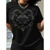 T-shirt met print in Europese maten, hartvormig rozenmotief, korte mouwen, ronde hals, casual top voor de zomer en lente, dameskleding