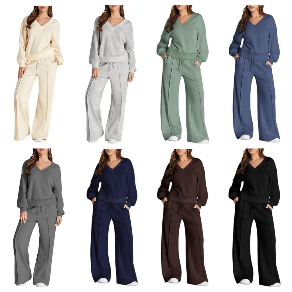 2025 Damen V-Ausschnitt Unifarben Lässiges Anzug-Set: Sweatshirt & Lange Hose - Europäische & Amerikanische Herbst/Winter Mode