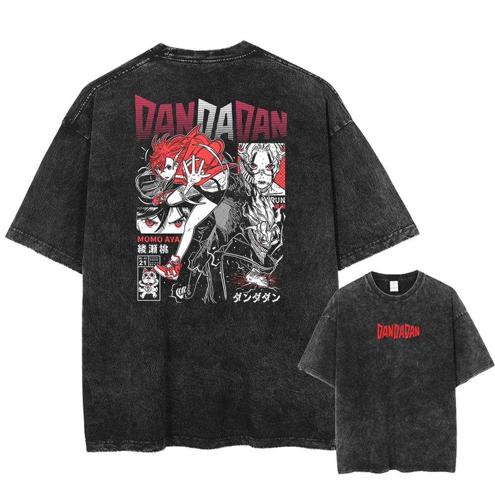 Anime Dandadan Okarun Ken Takakura Print Washed Tshirt Men Manga Vintage T-shirts Oversized Cotton T Shirt Harajuku Male Tops