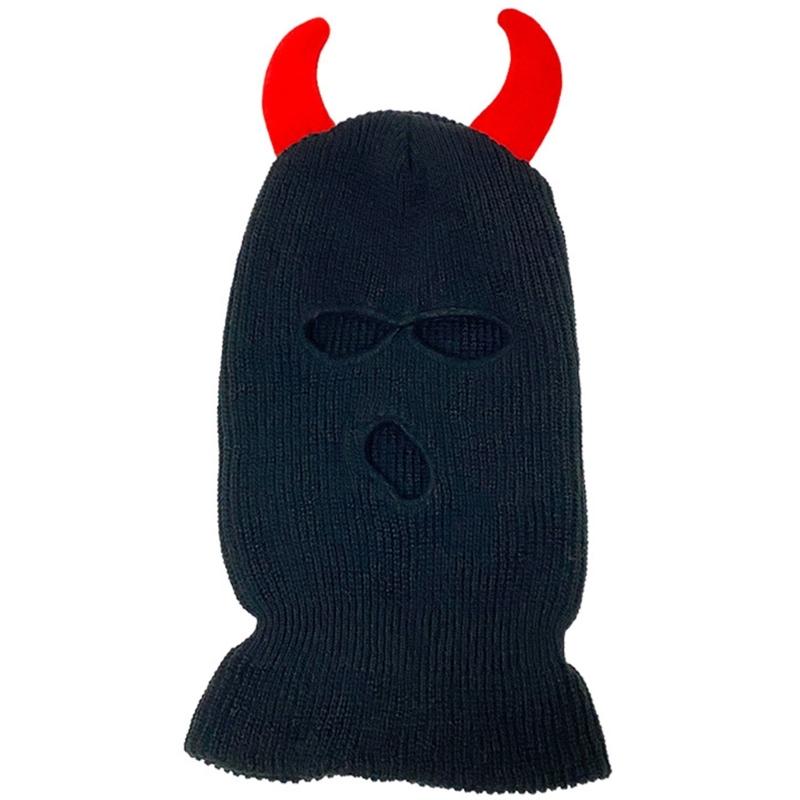 Cool Devil Horn Face Cover Hat Knitted Balaclava Caps for Women Men Winter Warm Hat Adult Halloween Costume Roleplay Caps