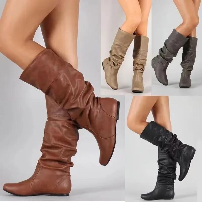 Fashion Women's Shoes 2024 Hot Sale Sleeve Women's Boots Autumn Winter Round Toe Solid High Tube Low-heeled Plus Size Western Boots