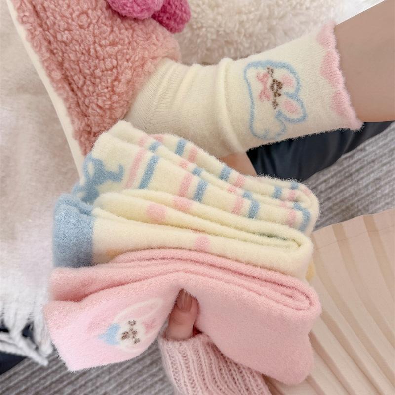Pink Australian Velvet Socks Thickened Warm Strawberry Cartoon Rabbit Bow Tube Socks Sleep Floor Socks