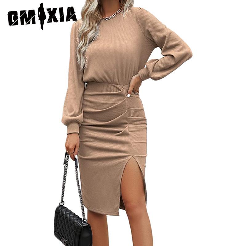 GMXIA Abiti casual con scollo a maniche lunghe con stampa tinta unita primavera estate moda donna