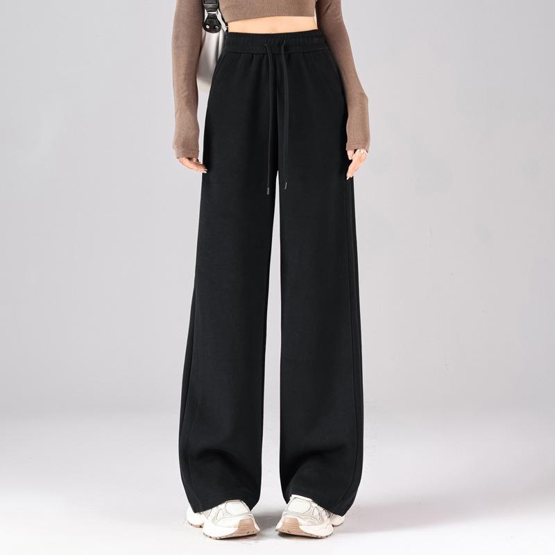 Women's High-Waisted Light Grey Straight-Leg Sweatpants - Hua Cotton, Slimming, Soft, Draped, Spring/Autumn.