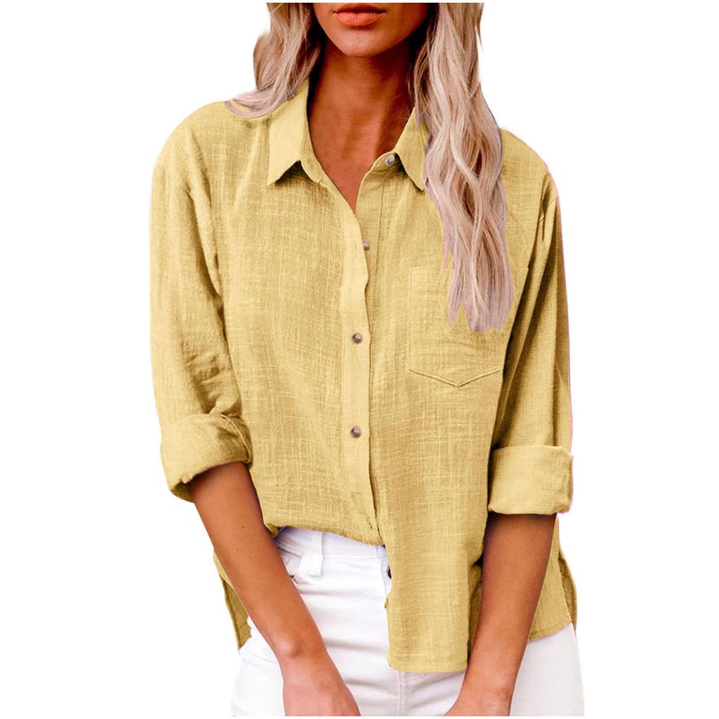 Haut en coton et lin à manches longues, coupe ample, boutonnage sur le devant, couleur unie, avec revers, pour femme, collection Automne 2025