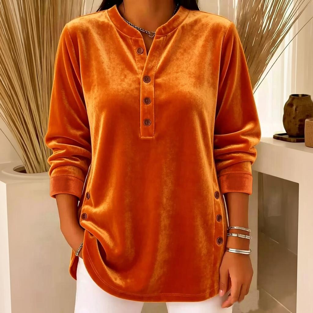 Women's Velvet Loose Fit V-Neck Button Long Sleeve Tunic Top