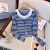 Autumn Loose and Thin Versatile Contrasting Stripes Fake Two-piece Top Age-reducing Pullover Knitted Sweater