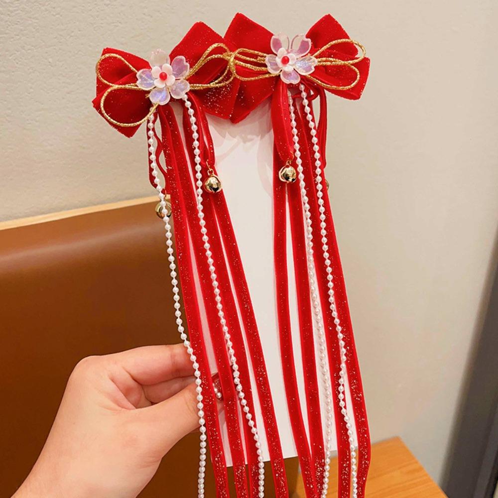 Süße Antiker Stil Kinder Neujahr Haarnadel Rot Prinzessin Neujahr Schleife Haarnadeln Band Quasten Perücke Zopf Mädchen Hanfu Kopfschmuck